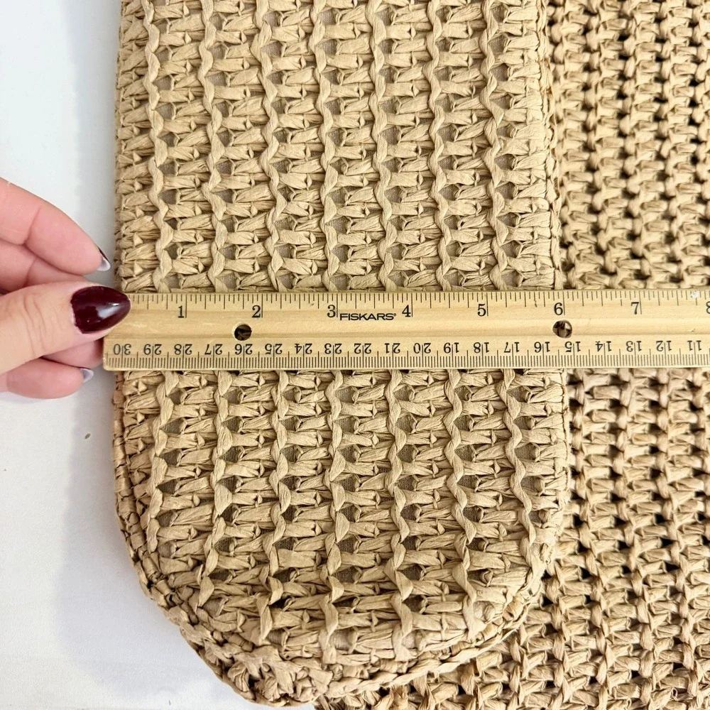 H&M Women Woven Paper Straw Tote Bag OS Tan Faux Leather Trim Zip Top Resort